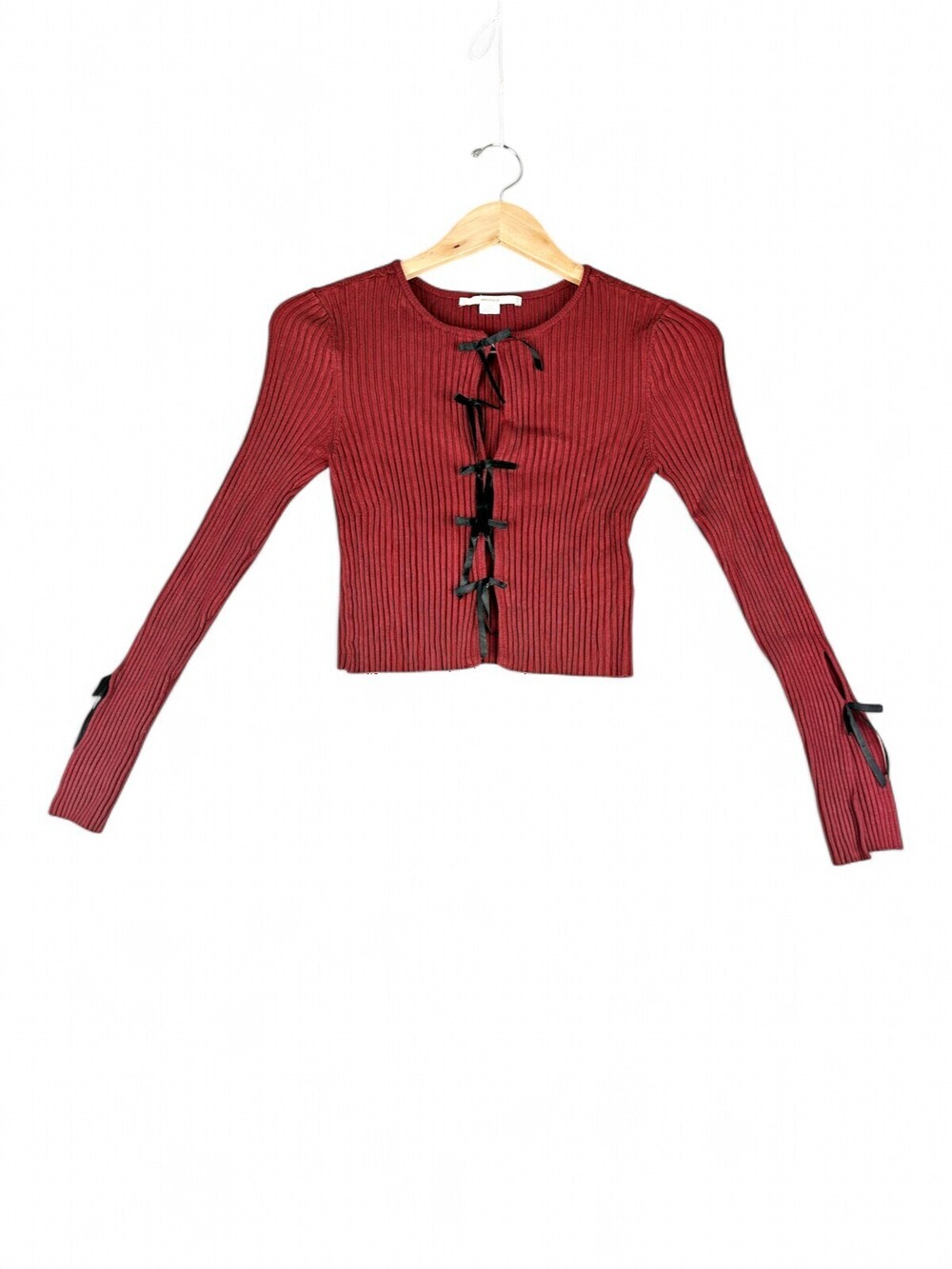 Kimchi Blue Ribbed Bow-Front Cardigan Top S Burgundy